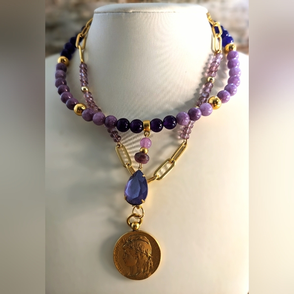 Natural Purple Jade & Amethyst Two Strand Bead In Paperclip Chain Necklace - Picture 1 of 10